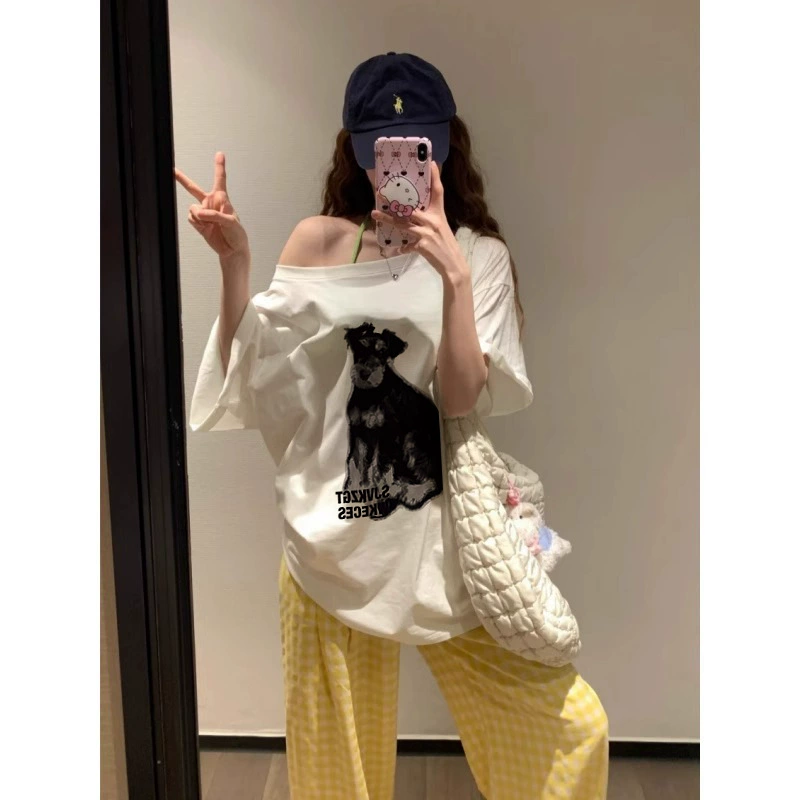 Официальная карта Специальная цена 1*1 нить 210 г Футболка с короткими рукавами Лето 2025 новый свободный прилив с открытыми плечами топ для женской одежды