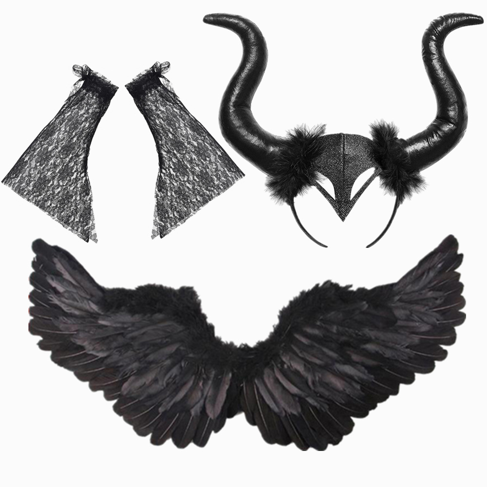 Ropa para niños Vestido de bruja maléfica Capa de plumas Disfraz de Halloween para niños Vestido de malla negro para niña gótica_voghion.com
