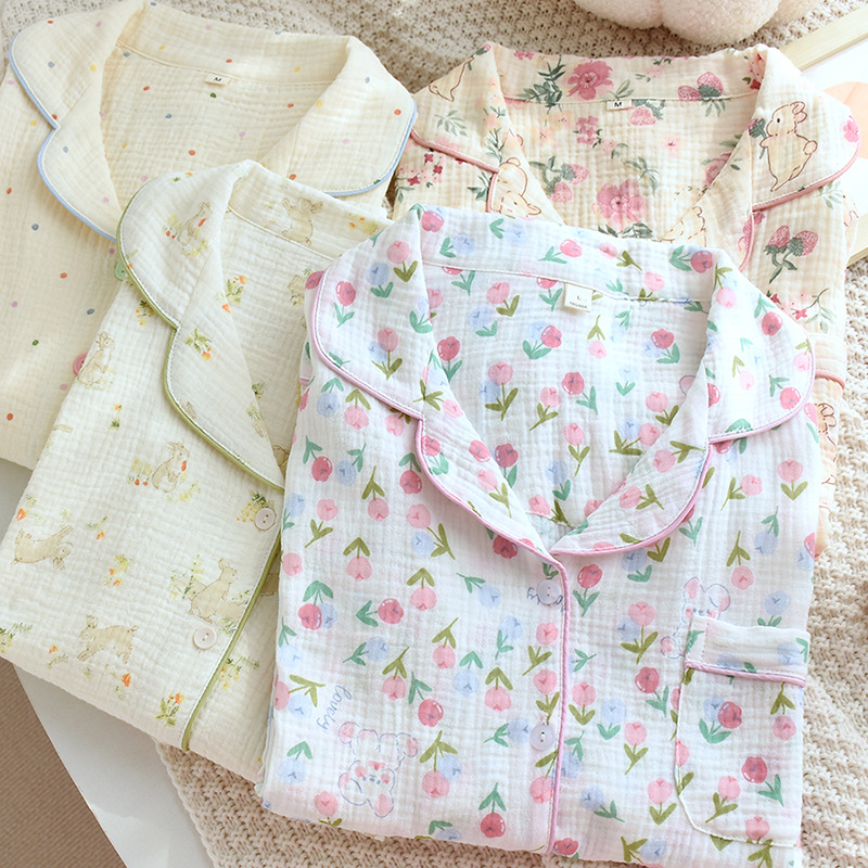 여성용 순면 홈웨어 탑, 봄, 가을 얇은 거즈 긴팔 가디건, 프린트 라펠 잠옷, 루즈하고 캐주얼