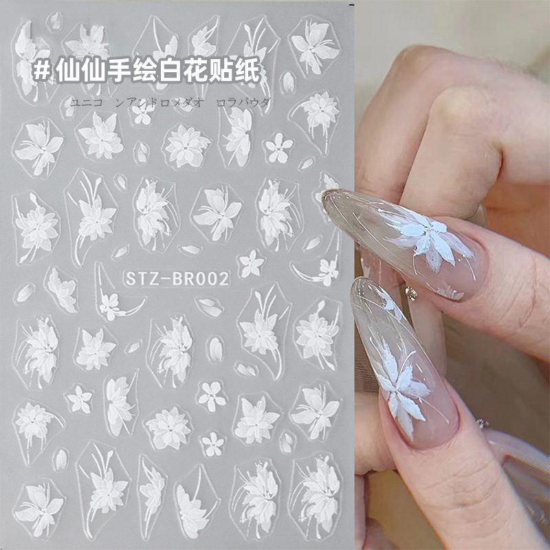 Nail stickers hand-painted snow mowing online celebrity White Magnolia elegant five-petal flower adhesive thin tough nail stickers