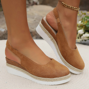 Baotou Wedge European and American Large Size Foreign Trade Sandals Women's 2024 Summer New Straw Wiped Hemp Rope Thick Sole Rear Empty Roman Shoes