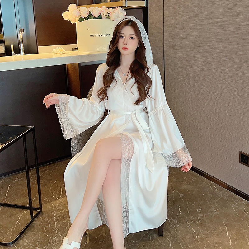 Spring and Summer Morning Gown High-end Sense Internet-famous Hooded Nightgown Bathrobe Pajamas Lace White Sexy Pure Ice Silk Long