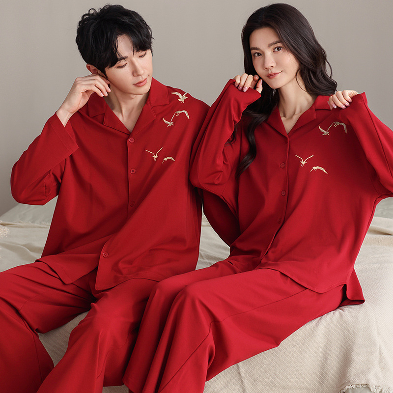 (2개) 커플 잠옷 봄과 가을 단면면 긴팔 남자와 여자의 새 결혼식 붉은 출생 년 가을 겨울 홈 의류 세트