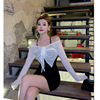Solid color V-neck spring and autumn camisole dress+mesh long sleeved shawl 2-piece set