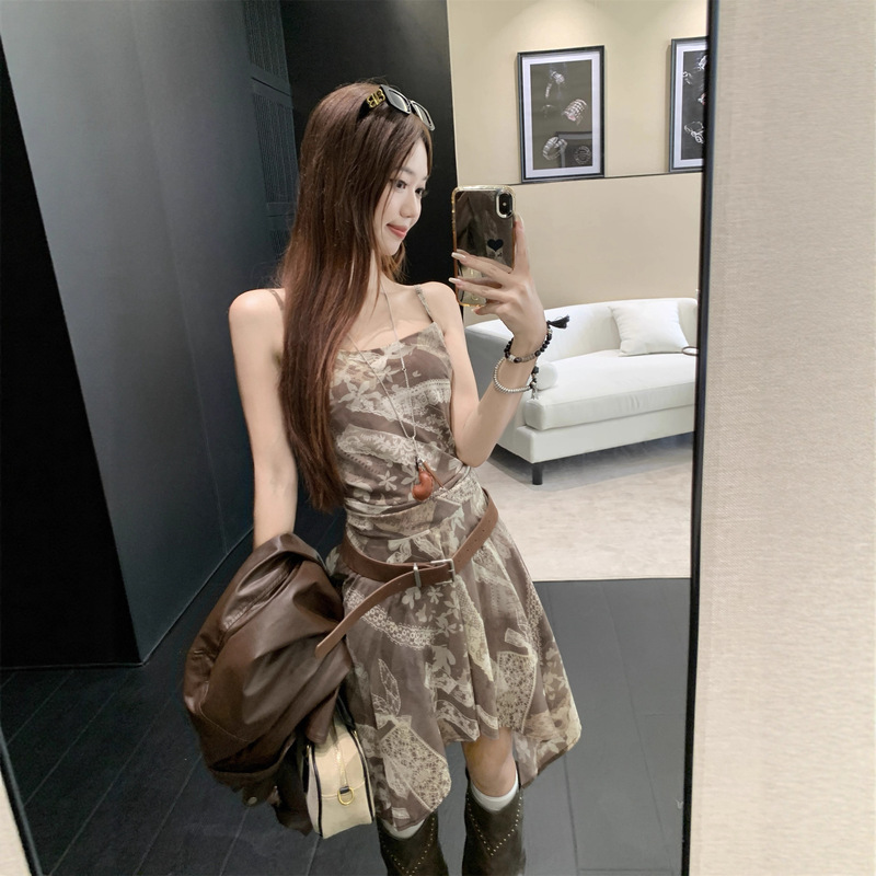 Real Shot of Early Autumn Vacation Nomadic Style Printed Suspender Asymmetrical Short Dress + Versatile Pu Leather Jacket