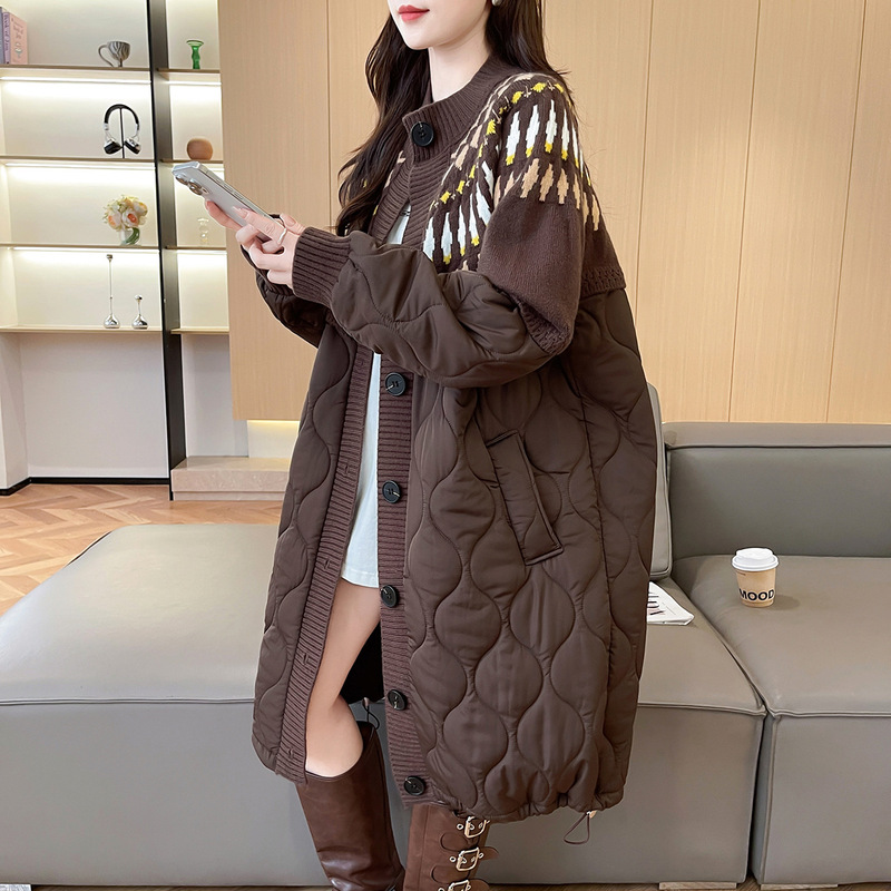 2025秋冬女装棉服拼接针织开衫女欧货慵懒风宽松大码长款毛衣开衫|undefined