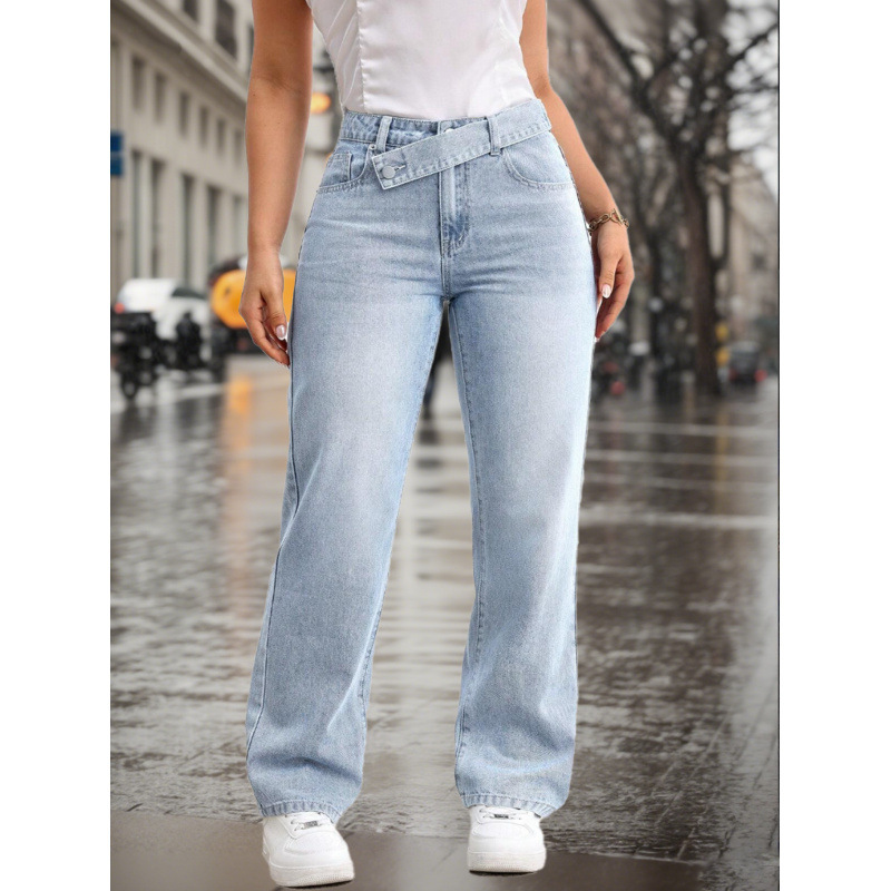 Pantalones vaqueros de mezclilla holgados de pierna recta con cintura superpuesta, color azul claro y lavado informal para mujer._voghion.com