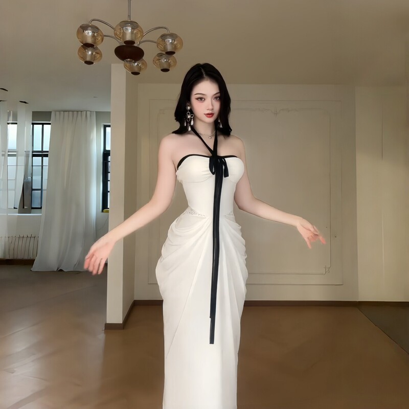 Girlsat18 Sexy White Halter Neck Tube Top Dress Women's High-End Birthday Dress Slim Fit Holiday Long Dress