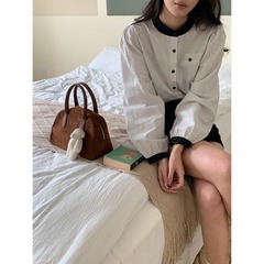 3th Morning 早秋新款 撞色拼接圆领百搭条纹长袖衬衫ZY3232