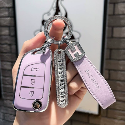 E30/A30 shell buckle — Car key bag - fengshen-type-b-folding-3-keys-single-shell-purple-purple-h-leather-rope-diamond-buckle-silver-number-plate