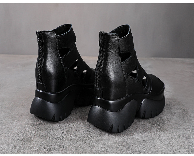 Giày sandal cao gót nữ hở mũi da bò thật đế dày tăng chiều cao — màu đen chi tiết 12