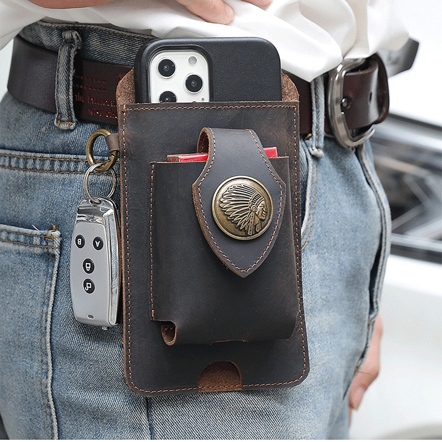 Amazon Genuine Leather Men's Mobile Phone Bag, Crazy Horse Leather, Convenient Belt-Wearing Waist Bag, Outdoor Sports Tactical Waist Bag