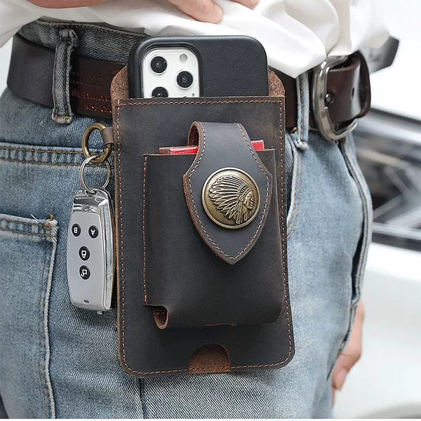 Amazon Genuine Leather Men's Mobile Phone Bag, Crazy Horse Leather, Convenient Belt-Wearing Waist Bag, Outdoor Sports Tactical Waist Bag