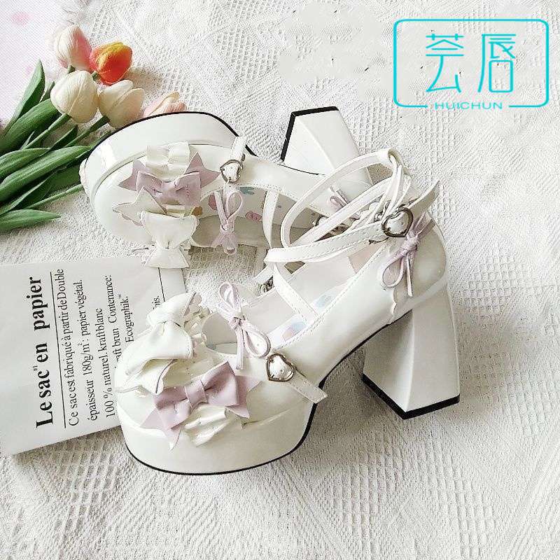Beautiful! Lolita High Heels with Chunky Thick Soles, Blue Japanese Style Soft Girl Sweet Cute Bow Shoes for Women