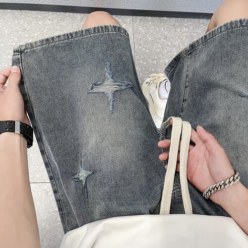 Pierced denim shorts, men's American retro high street vibe pants, summer quarter pants, straight loose casual mid-pants