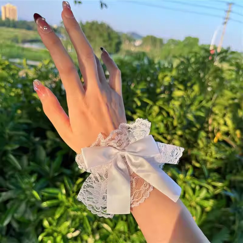 Lolita Lace Pearl Bow Sleeve Cuffs Sweet Girl Jk Wristband Cosplay Cuffs Lolita Lace Pearl Bow Sleeve Cuffs Sweet Girl Jk Wristband Cosplay Cuffs