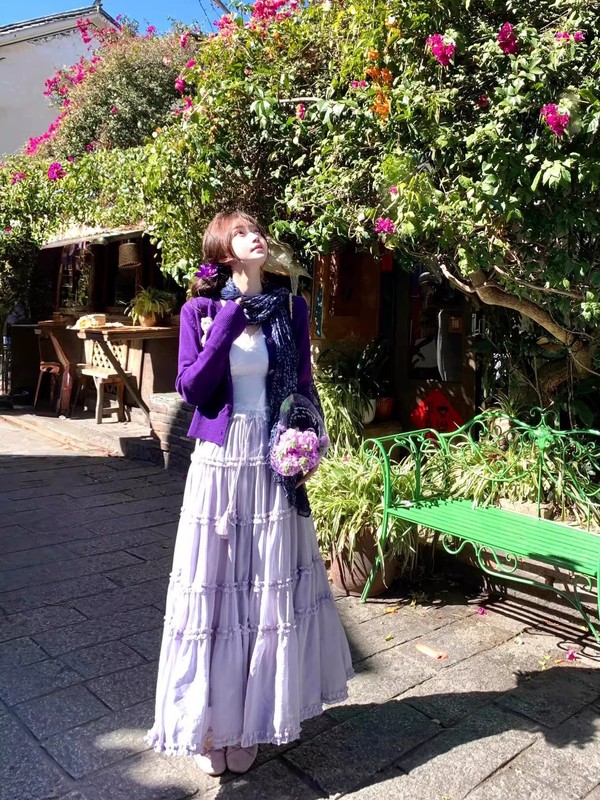 小香风套装女2025多巴胺紫色针织开衫上衣荷叶边蛋糕半身裙三件套|undefined