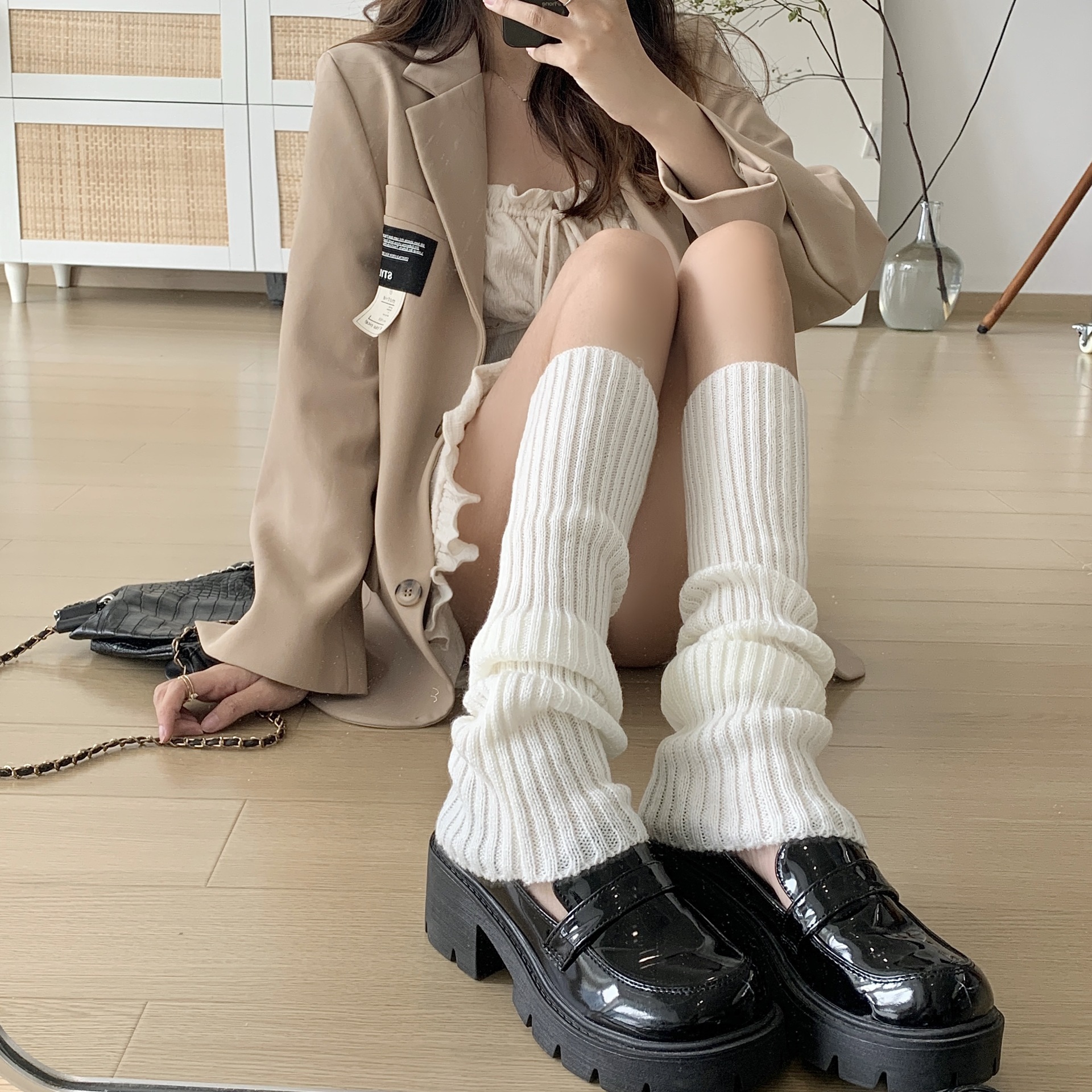 黑白纯色堆堆袜毛线针织袜套百搭保暖日系甜美小腿袜秋冬JK辣妹必