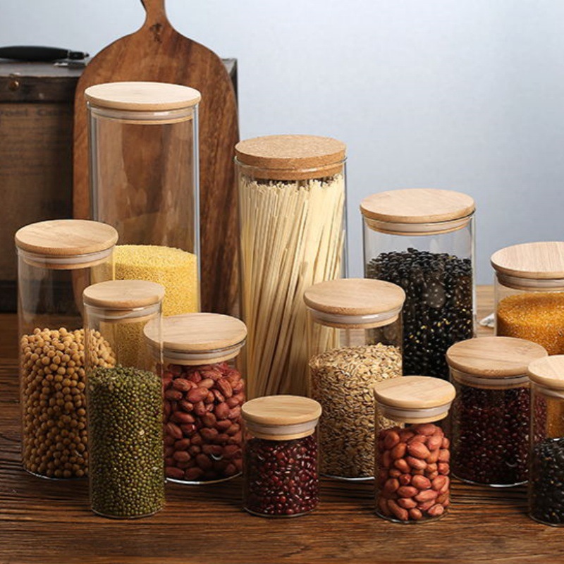 Bamboo Lid Straight Storage Jar for Grains, Snacks, Coffee Beans, High Borosilicate Glass Storage Jar