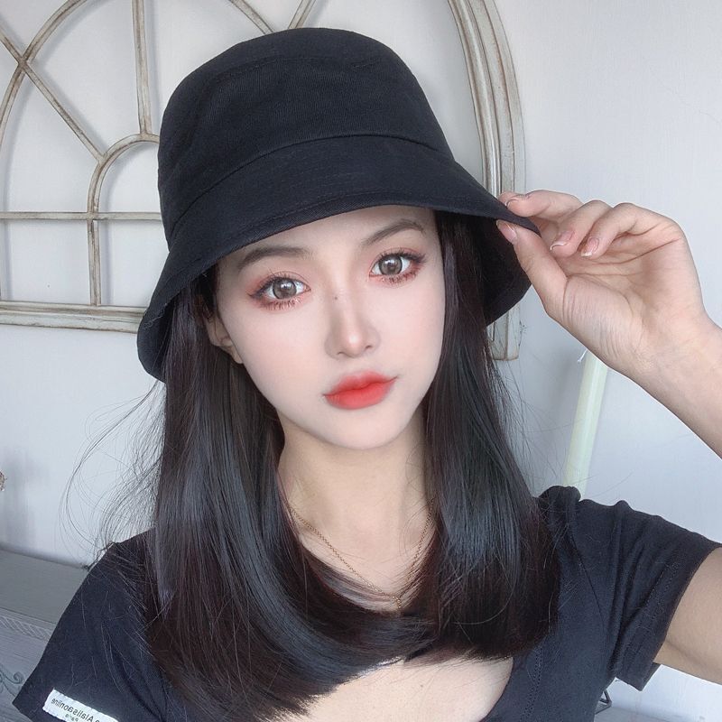 Hat and Wig Combo for Women, 2026 Summer New Style, Fisherman Hat with Realistic Inward-Curled Collarbone-Length Hair, Full Head Cover, Can Be Tied into a Ponytail