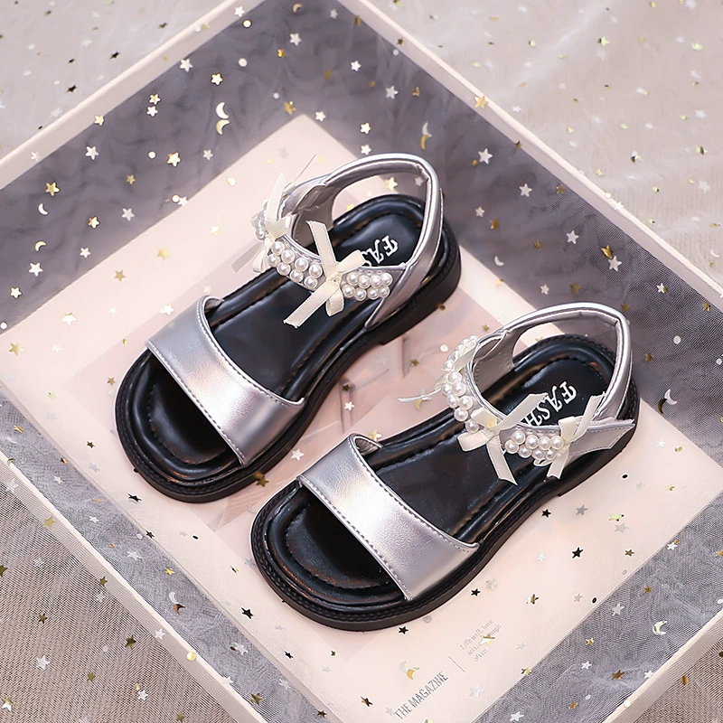 2025 новые летние девичьи босоножки с бантиками и бусинами, детские с мягкой подошвой, корейская мода, открытые пляжные туфли
