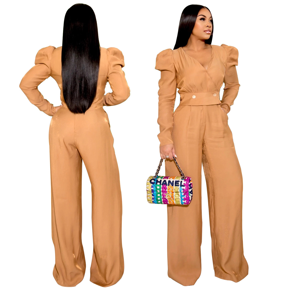 Solid Color V-Neck 2-Piece Set NSQYT92503