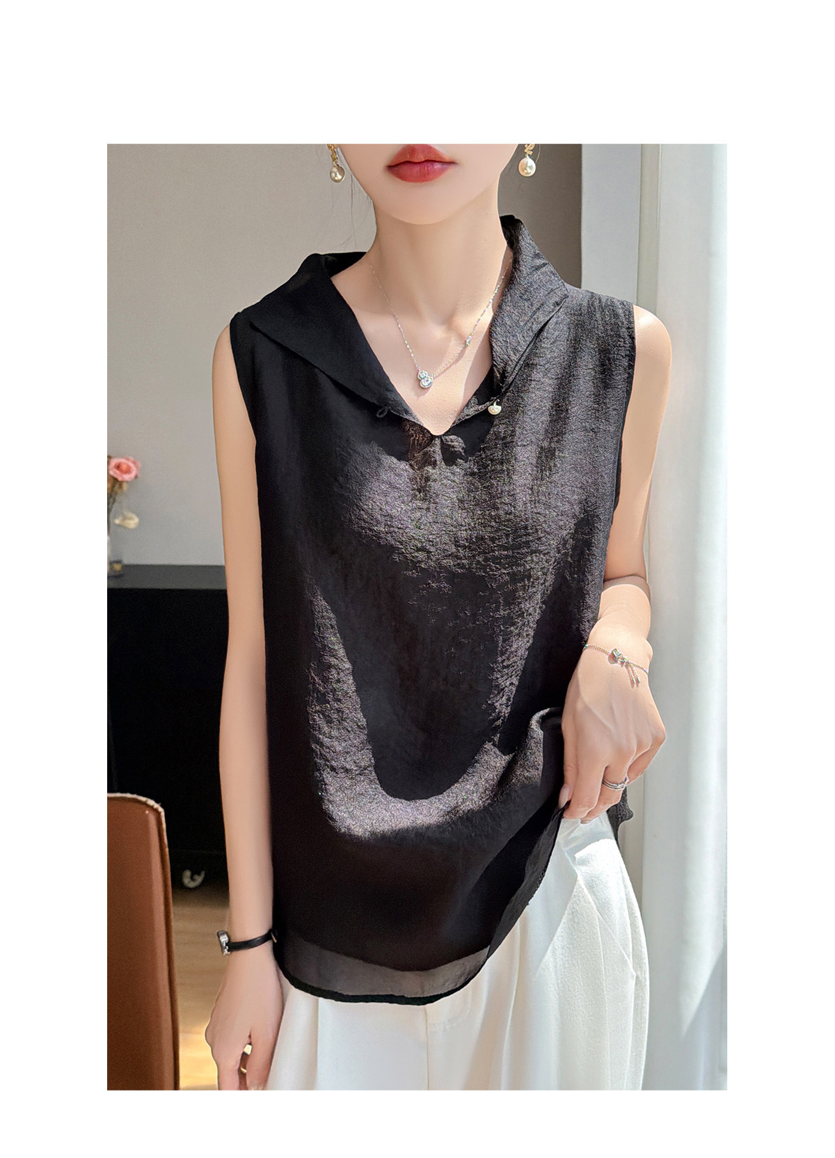 Áo sơ mi không tay cổ lật nữ chất tơ tằm phong cách quốc gia — Champagne màu chi tiết 23