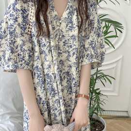 批发货源韩版夏季新款水墨画纯棉双层纱轻薄透气短袖女家居服睡裙