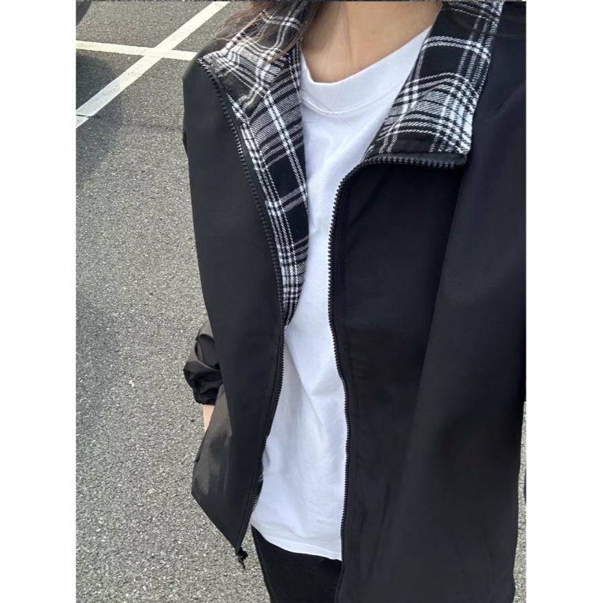 Fitcheck American Plaid Splicing Jacket Men's Spring Hooded Stand-Up Collar Baseball Uniform Trendy Casual Sports Jacket