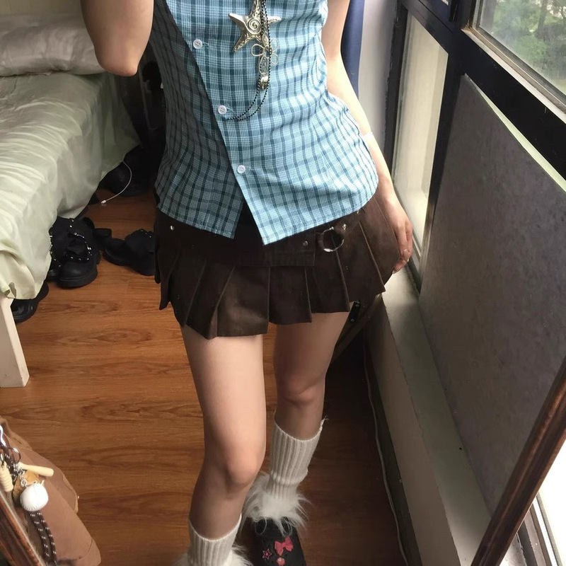 蓝色格子短袖衬衫女夏季2025新款撞色格纹衬衣设计感小众收腰上衣|undefined