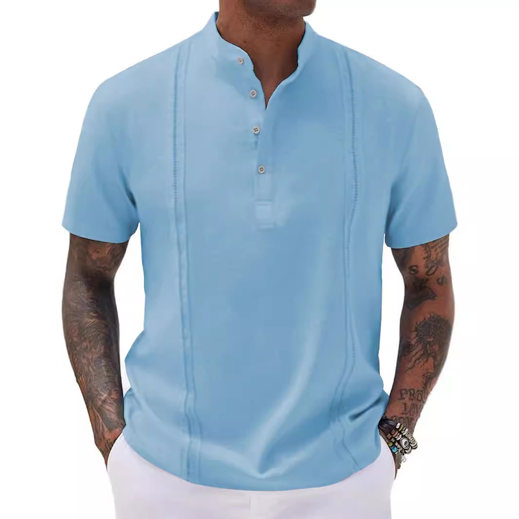 Nueva camiseta de hombre estilo europeo y americano con media cremallera, camiseta informal de verano a rayas de manga corta para negocios, camiseta transpirable estampada.