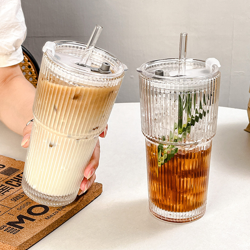 高颜値蓋付きストロー付き縦紋ガラスカップ大容量カップ夏氷コーヒーカップラテ飲料カップ|undefined