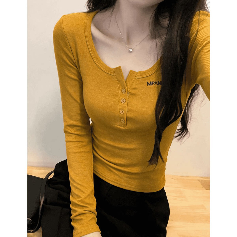 [210g 40-Count Cotton] Korean-Style Henry Collar Long-Sleeve T-Shirt for Women, Early Autumn Slim Fit Base Layer Top