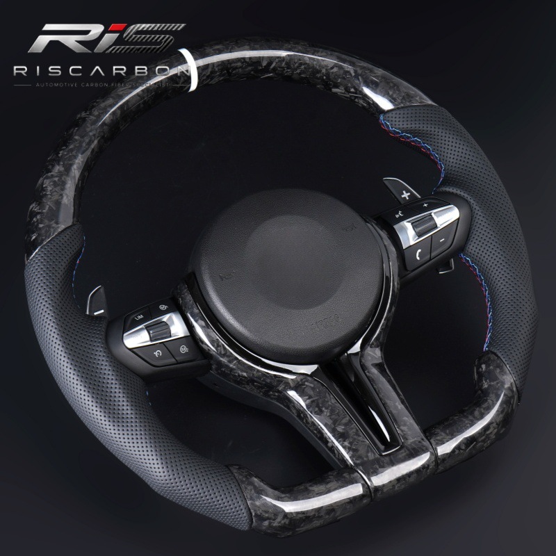 Black forged carbon fiber flat-bottom steering wheel compatible with BMW F30F10F11F15F16F20F25F18