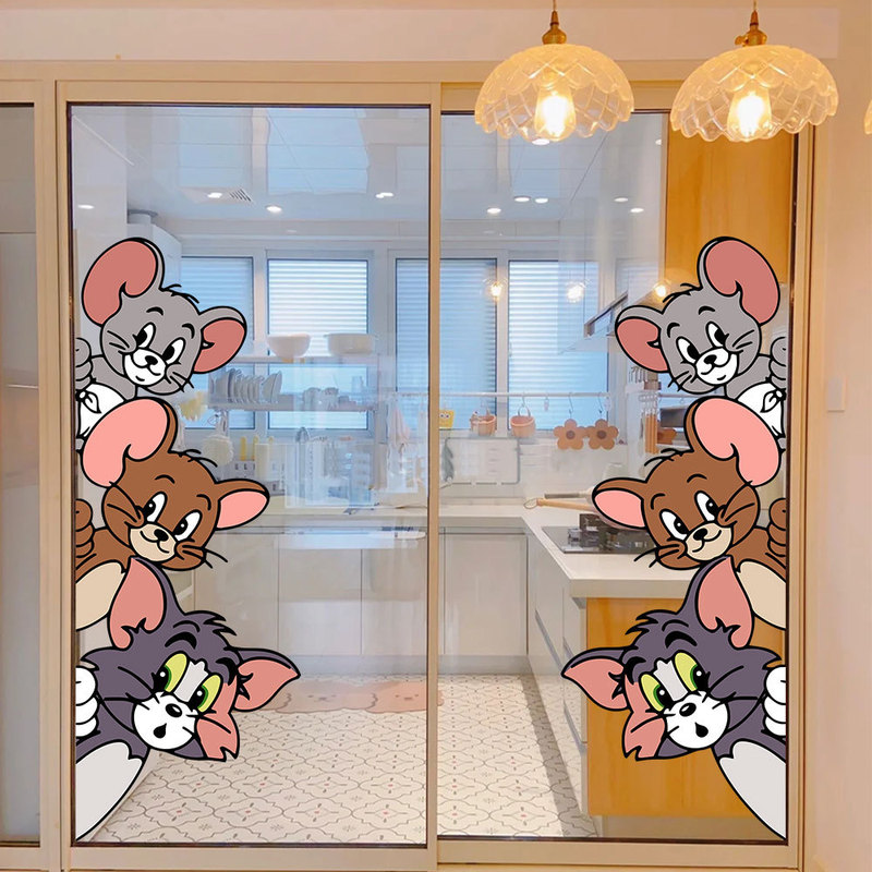 Cute cartoon kitchen sliding door decorative stickers bathroom glass waterproof anti-collision stickers bathroom decorative door stickers