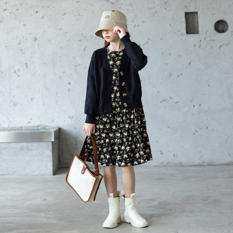 Vestido de manga larga de Otoño de las niñas 2024 Nuevo estilo coreano vestido de princesa floral pastoral para niños falda de estilo occidental para niños grandes