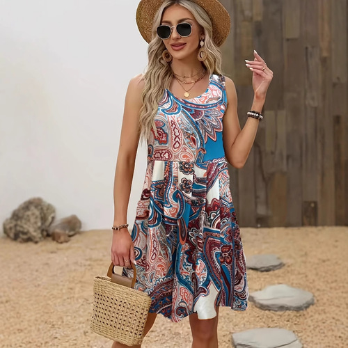 Summer 2025 Women's Dress Strappy Sleeveless Fitted Bodycon Comfortable Print