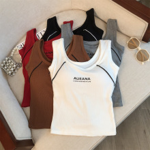 秋冬季新款印花字母磨毛保暖宽肩背心修身女固定杯带胸垫百搭上衣