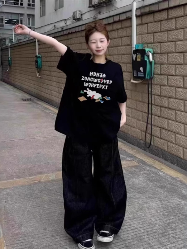 美式潮牌黑色短袖t恤女2025新款夏季宽松休闲oversize设计感上衣|undefined