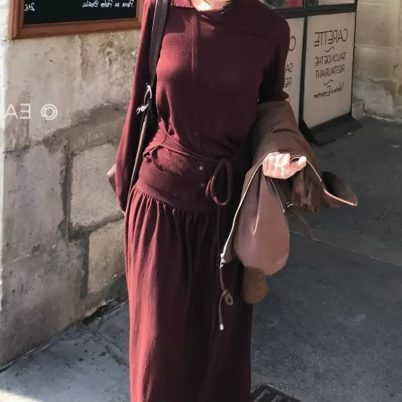 EAR R 智性感 48支丝光套装翻领绑带上衣垂坠裙半裙两件套2025秋