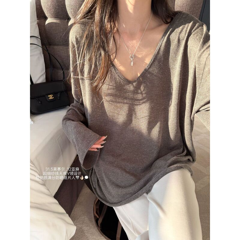 'Cool and Refreshing' Lyocell Linen Premium High-Thread-Count Yarn Large V-Neck Slimming Loose Sun Protection Cover-Up # 4965