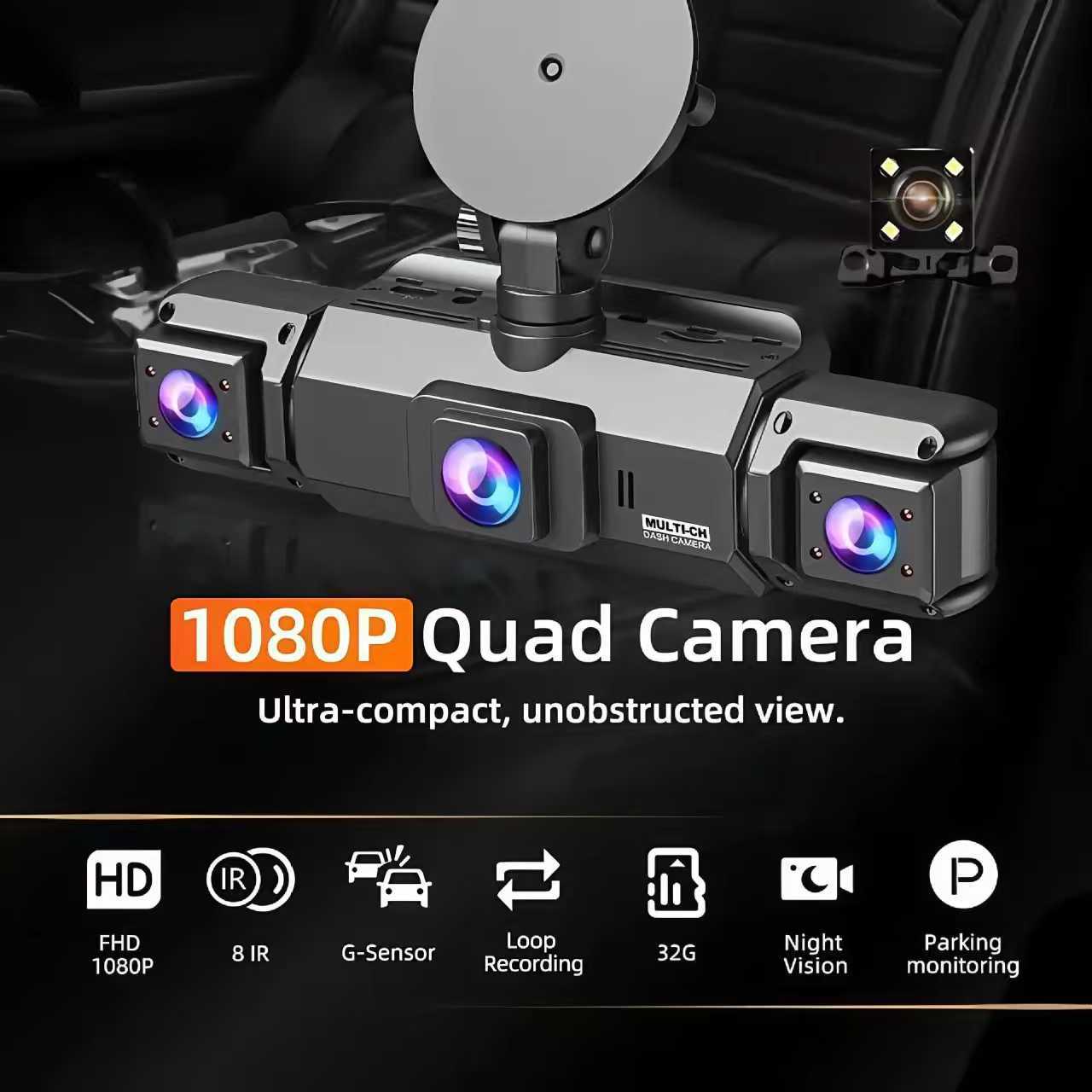 360-Degree Panoramic Driving Recorder, Four-Lens High-Definition Night Vision 1080P, Parking Monitoring, Mobile Phone Connectivity