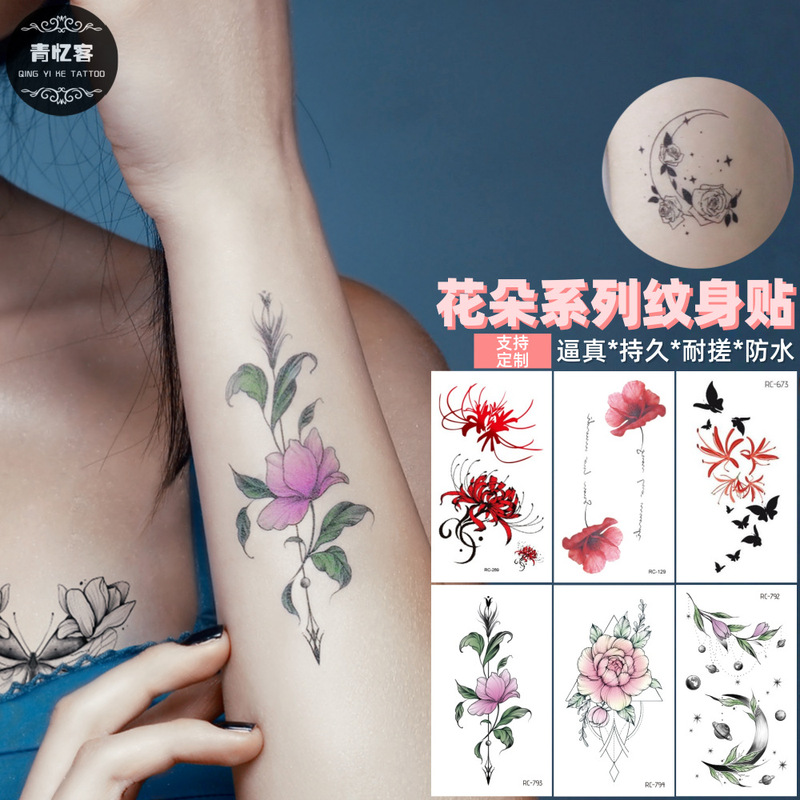 Cross-Border Wholesale Colorful Black Flower Temporary Tattoo Stickers Waterproof Sexy Ins Spider Lily Fresh Style