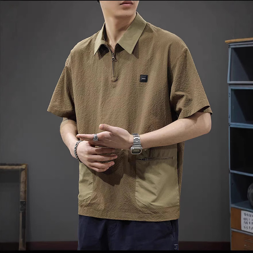 Summer 2026 New Trendy Brand Color-Blocking Quick-Dry Short-Sleeve Polo Shirt for Men, Loose Heavyweight Half-Sleeve Turn-Down Collar T-Shirt