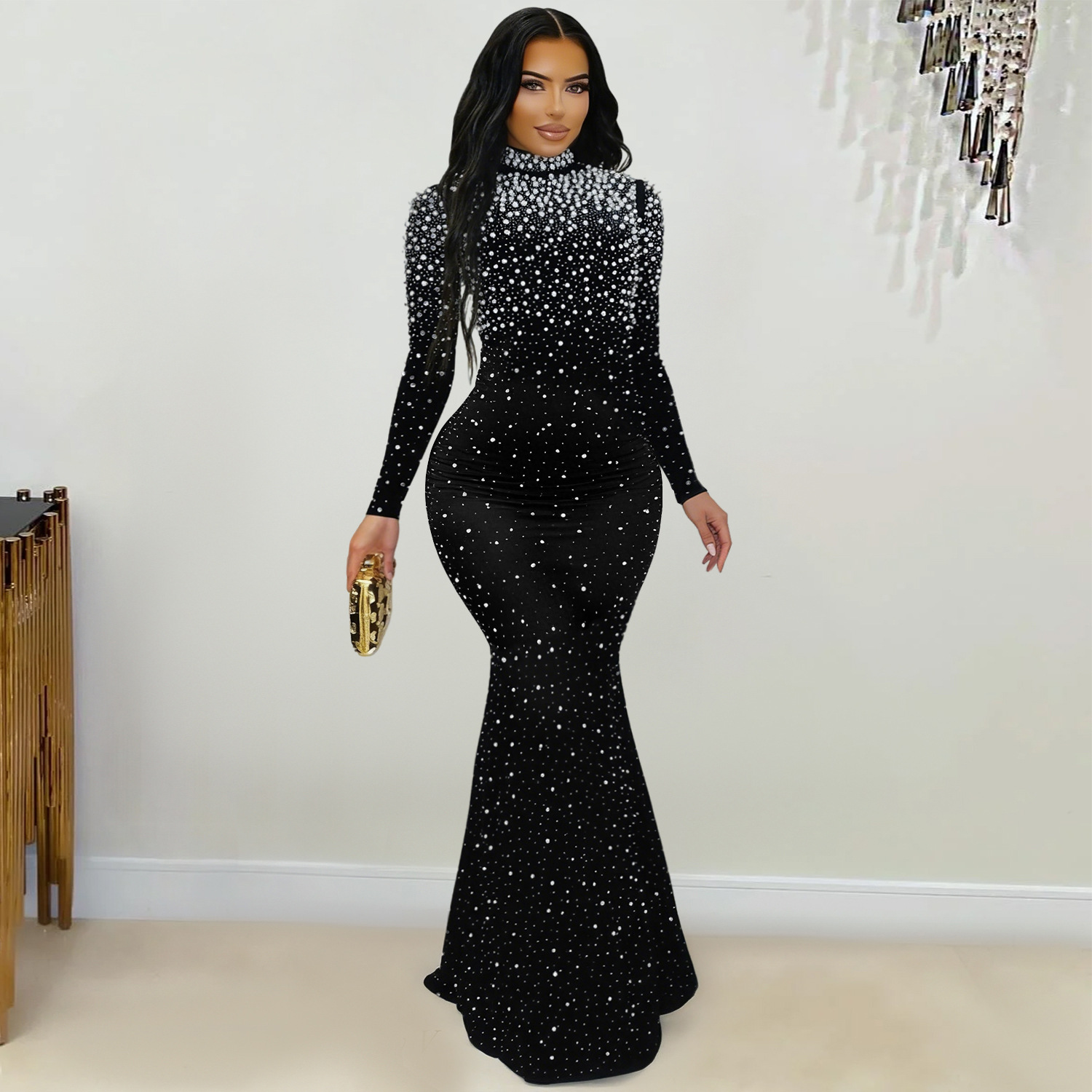 C7622 Aliexpress transfronterizo Amazon Europa y América moda de mujer elegante cuello alto bolsas de diamantes calientes vestido de cadera image 4