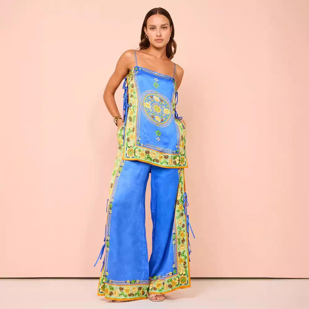 350g Weight Sleeveless Sleeve Length Holiday Women's Vintage Style Ethnic Style Color Block Flower Polyester Printing Pant Co-ord Set Pants Sets