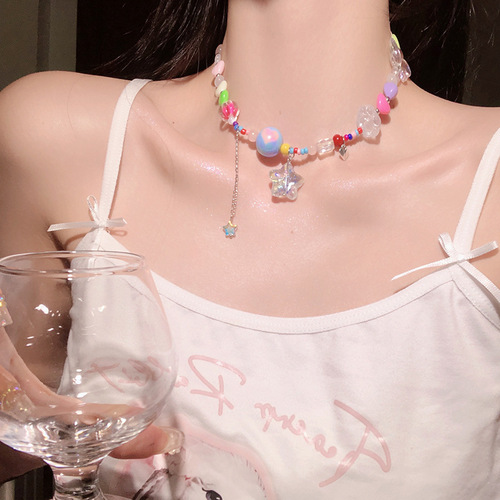 Summer dopamine colorful candy tassel star beaded necklace female y2k sweet cool hot girl style clavicle chain necklace