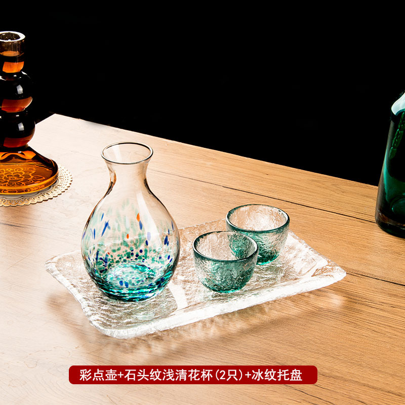 Glossy colorful dot pot + light clear stone pattern cups (2 pieces) + ice tray