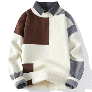 Fake Two-piece Sweater Men's 2024 New Fashion Brand Shirt Collar Knitted Sweater Men's Loose Handsome Inner Sweater Jacket
