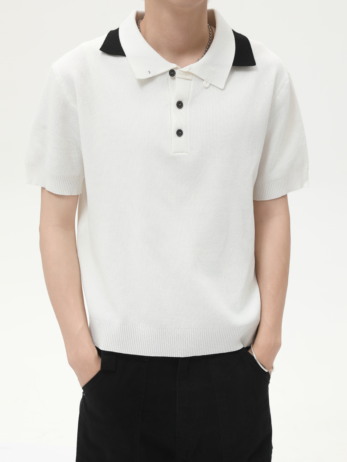 MTLCLOTHES Ropa de hombre | Costura retro Diseño de doble cuello Sense Color a juego Estilo de dinero antiguo Manga corta suelta de punto